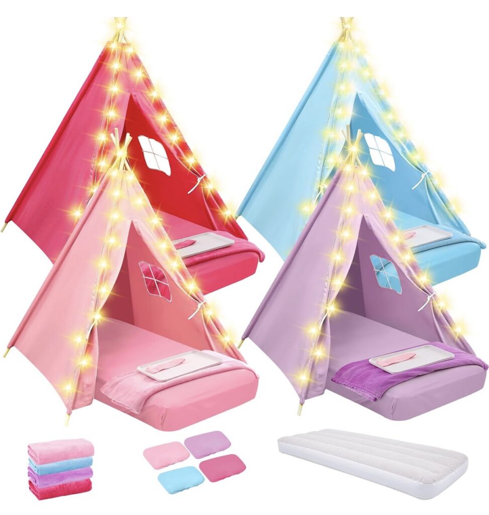 teepee tents with inflatable mattresses in multiple colors